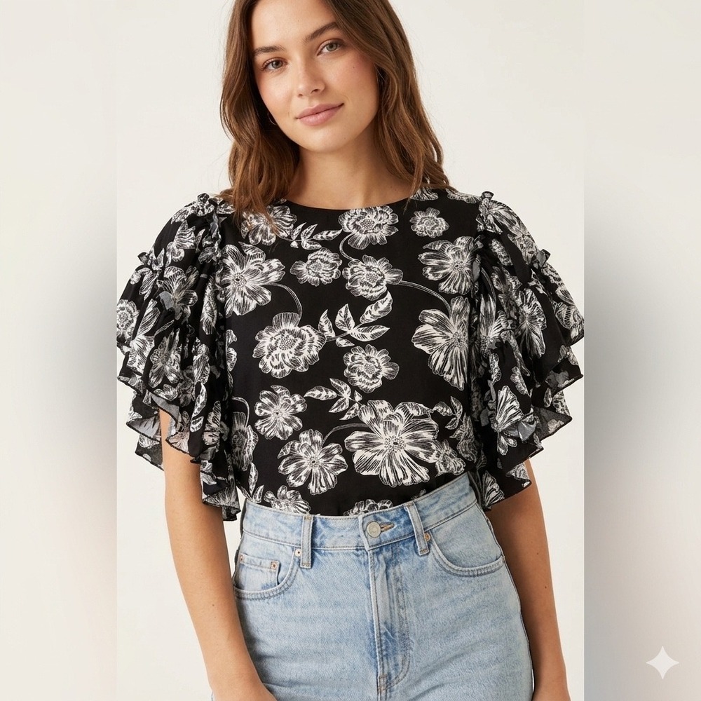 Who What Wear Black White Floral Ruffle Tiered Sleeve Blouse Top Womens Medium